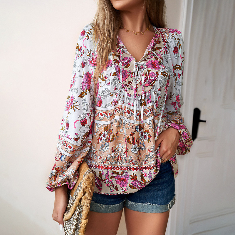 Women's Fashion Printed Loose Elegant Vacation Casual Long Sleeve Shirt