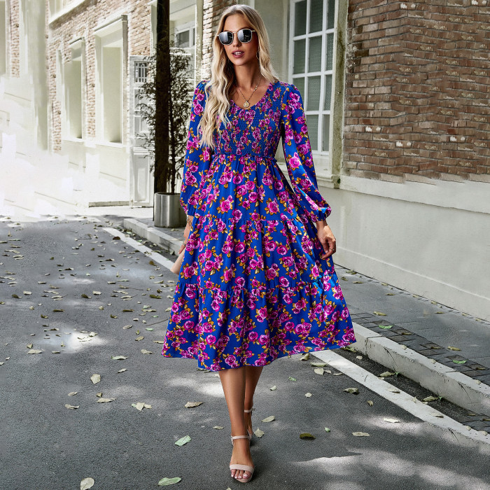 Women's Fashion Print Party Bohemian Elegant V-Neck Midi Dress