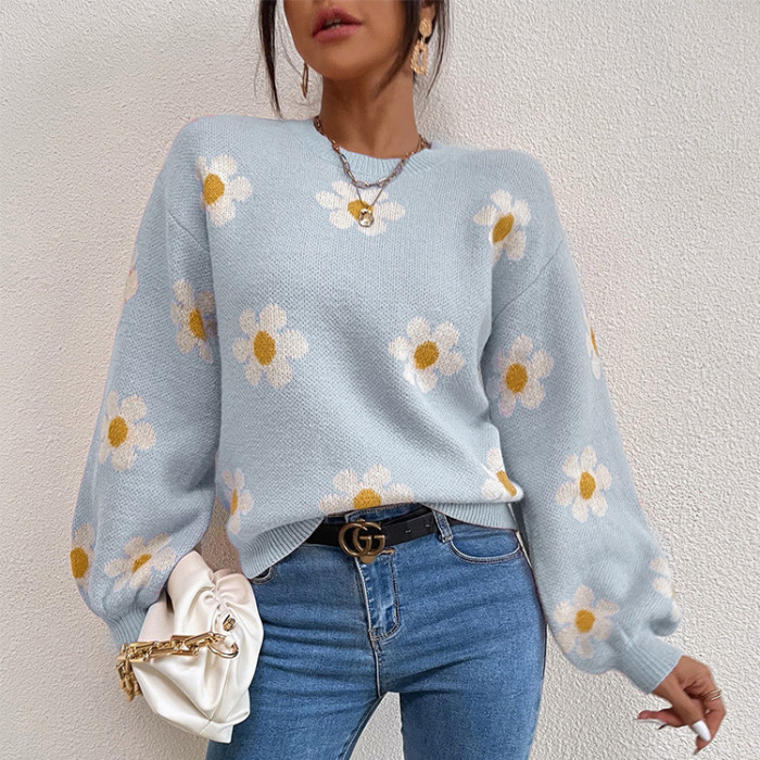 Women's Fashion Jacquard Knitted Flower Crew Neck Sweater