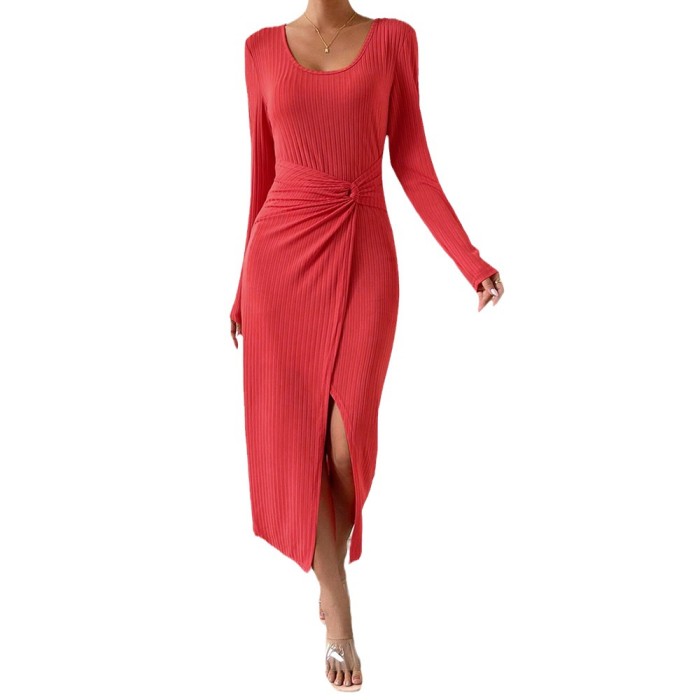 Women's Sexy Elegant Party Round Neck Slit Solid Color Maxi Dress