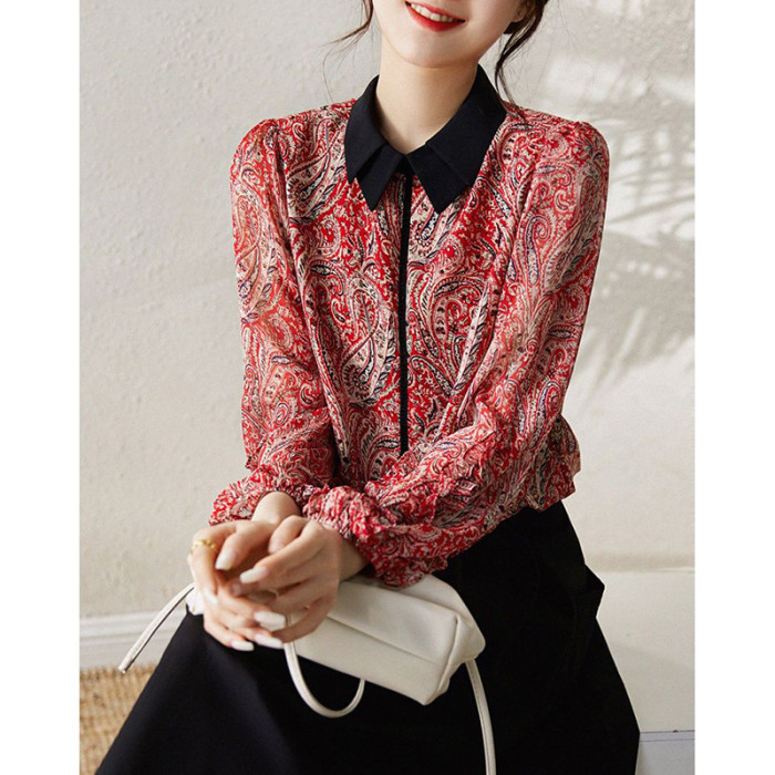 Elegant Printed Pleated Ruffle Casual Pullover Office Shirt for Women