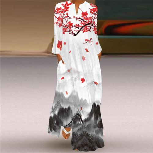 Fashion 3D Printed Plum Blossom Pattern V-Neck Long Sleeve Maxi Dress
