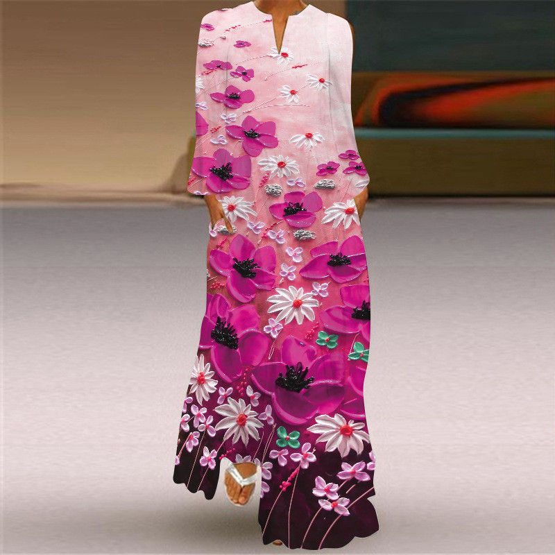 Women's Casual Printed V-Neck Long Sleeve Loose Elegant Dress