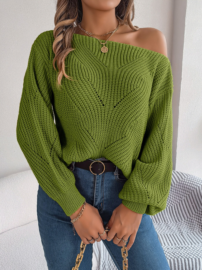 Fashion Casual Hollow Boat Collar Off-Shoulder Elegant Solid Color Sweater
