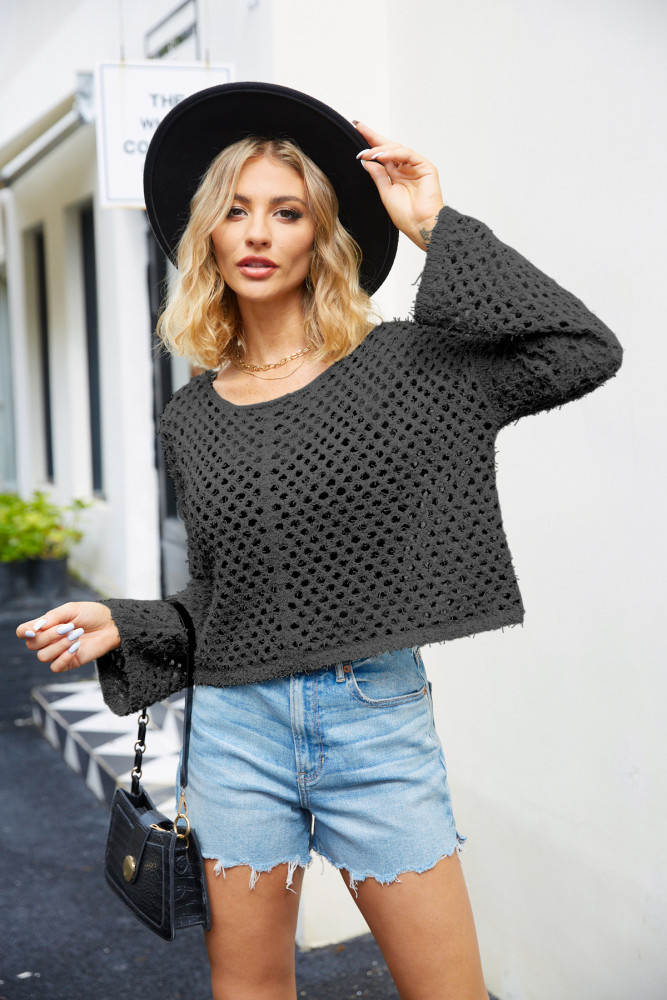 Women's Casual Round Neck Sexy Hollow Knitted Sweater