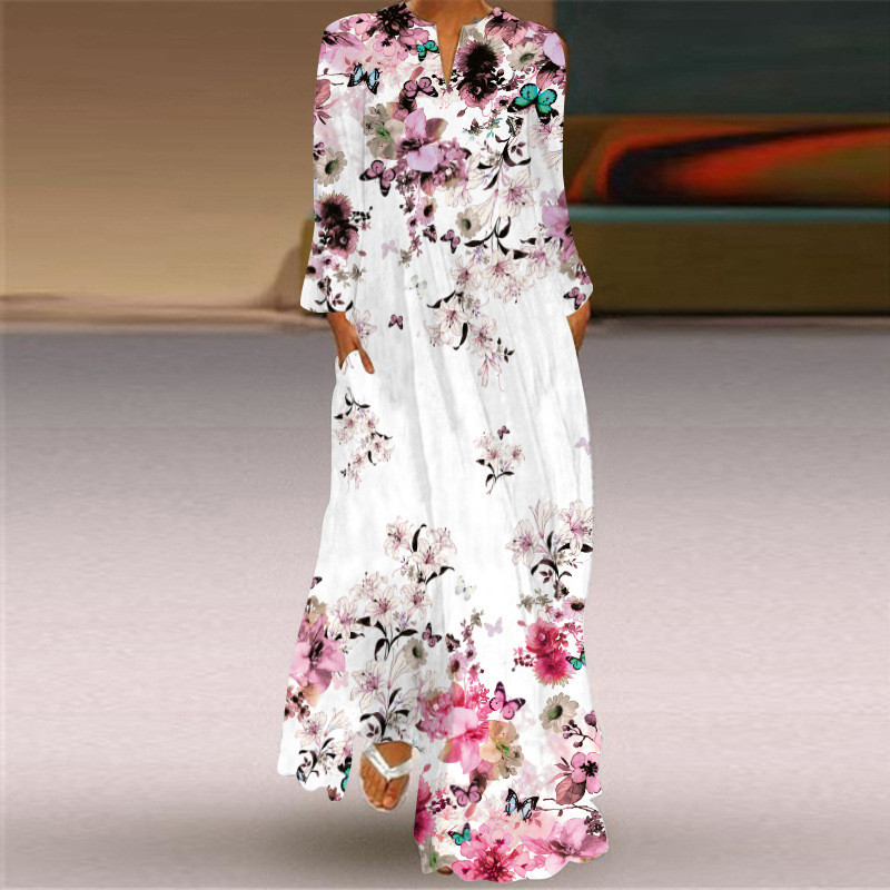 Women's Casual Printed V-Neck Long Sleeve Loose Elegant Dress
