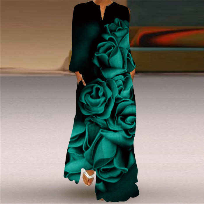 Women's Casual Printed V-Neck Long Sleeve Loose Elegant Dress