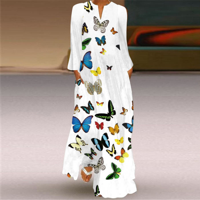 Women's Fashion Butterfly 3D Printed V-Neck Loose Elegant Maxi Dress