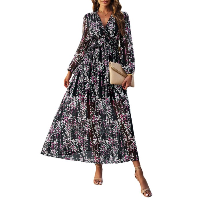 Women's Fashion Long Sleeve Elegant Printed Party V-Neck Maxi Dress