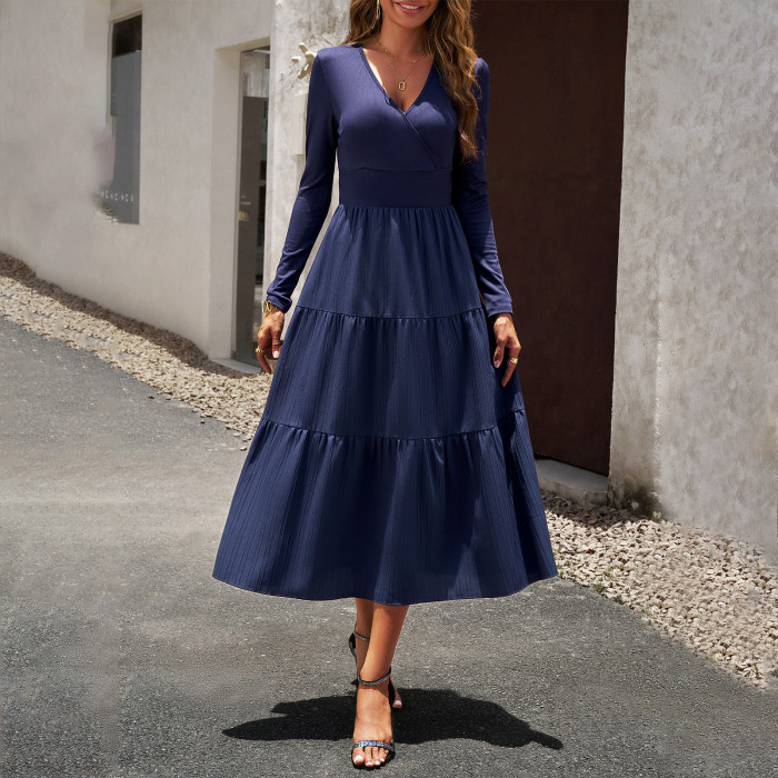 Women's Fashion Solid Color Autumn Elegant V-neck Long Sleeve Maxi Dress