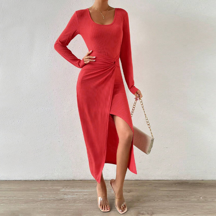 Women's Sexy Elegant Party Round Neck Slit Solid Color Maxi Dress
