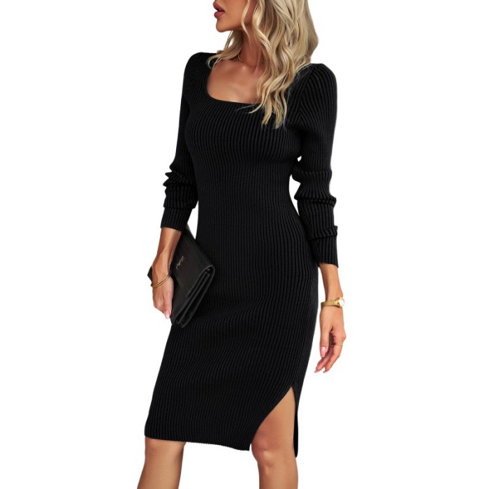 Women's Square Neck Solid Color Casual Elegant Butt-covering Woo Sweater Dress