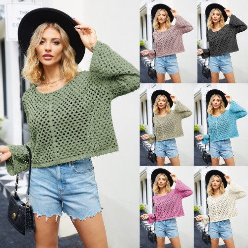 Women's Casual Round Neck Sexy Hollow Knitted Sweater