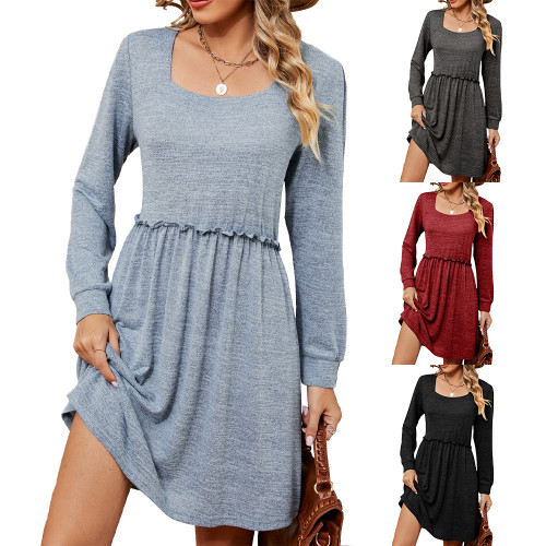 Women's Fashion Solid Color Square Neck Long Sleeve Loose Casual Dress