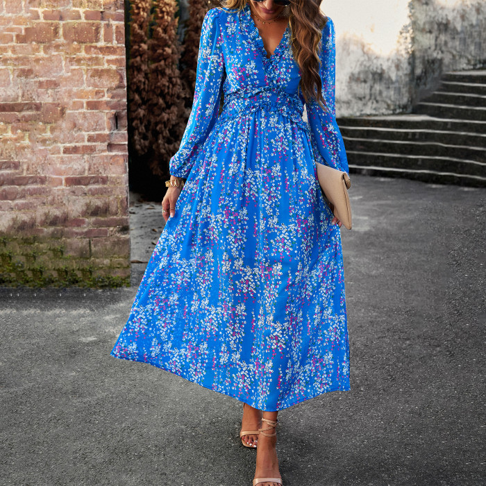 Women's Fashion Long Sleeve Elegant Printed Party V-Neck Maxi Dress