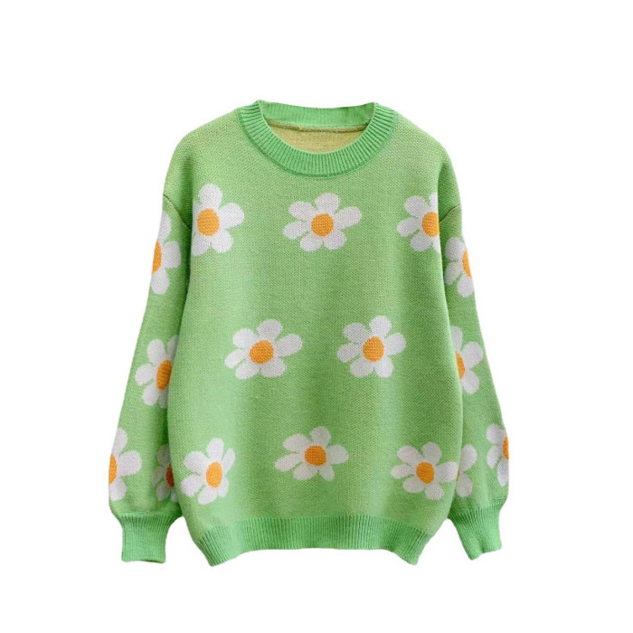 Women's Fashion Jacquard Knitted Flower Crew Neck Sweater