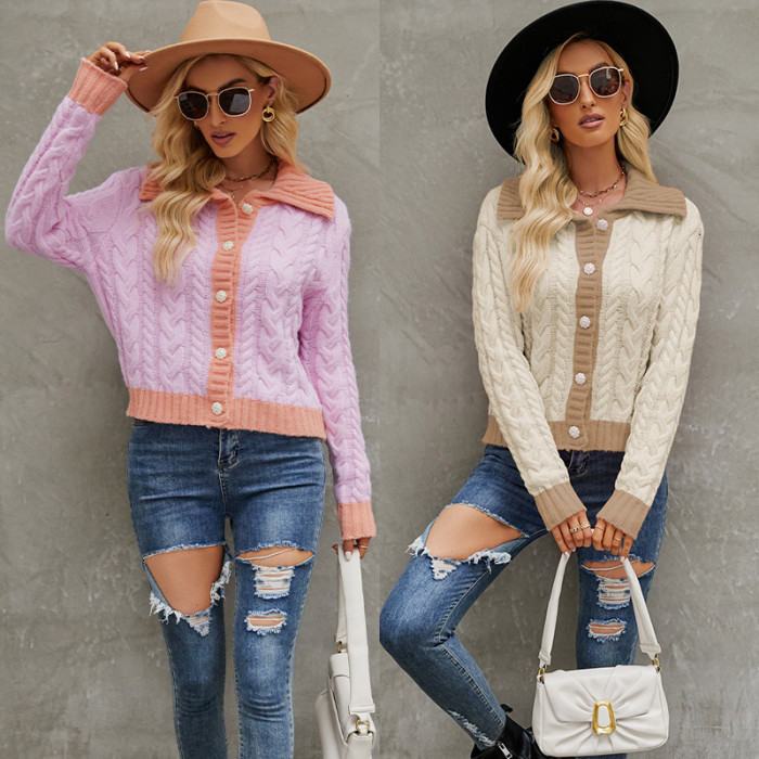 Women's Fashion Short Lapel Knitted Single Breasted Sweater Cardigan