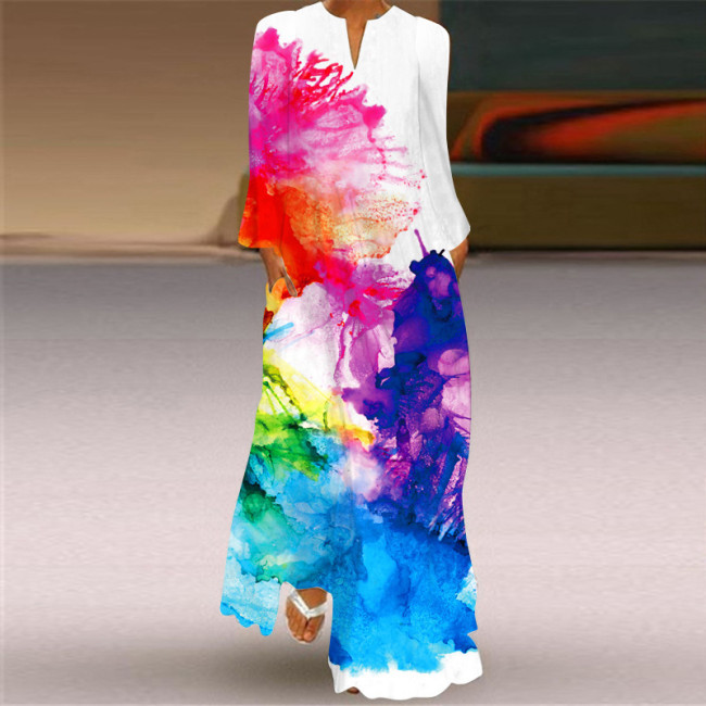Women's Long Sleeve Casual Elegant Loose Printed V-Neck  Maxi Dress