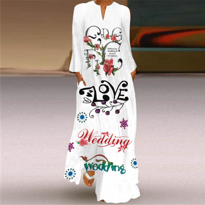Women's Bohemian Printed Pure White Graffiti V-Neck Long Sleeve Dress