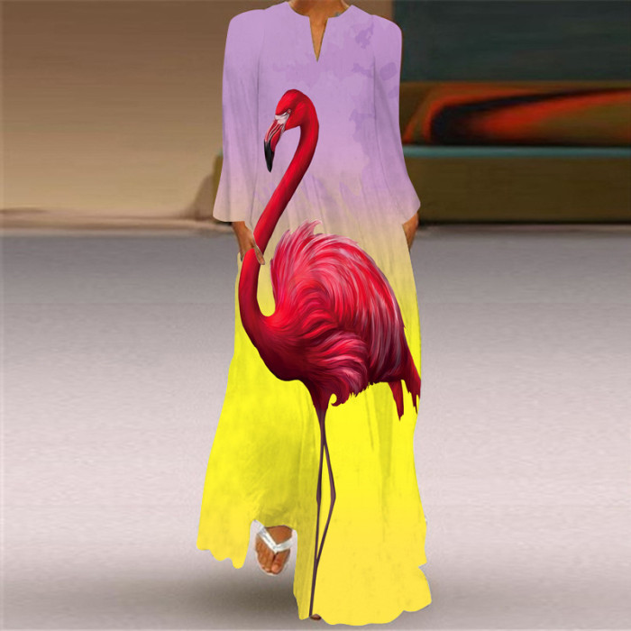 Fashionable Women's 3D Printed V-Neck Long Sleeve Pocket Maxi Dress