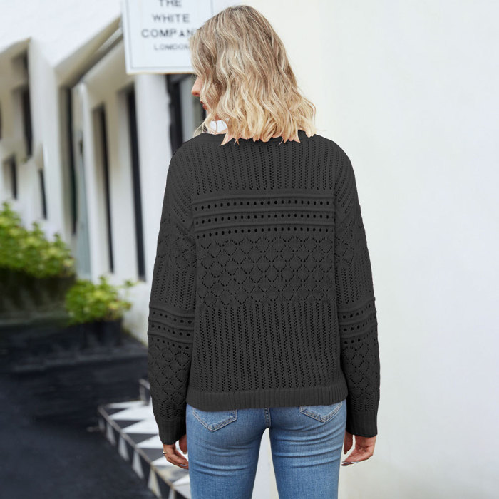 Women's Round Neck Hollow Diamond Knitted Sexy Pullover Sweater