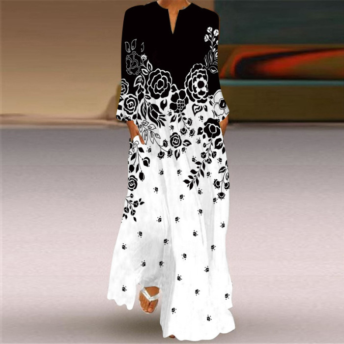 Fashion 3D Printed Plum Blossom Pattern V-Neck Long Sleeve Maxi Dress