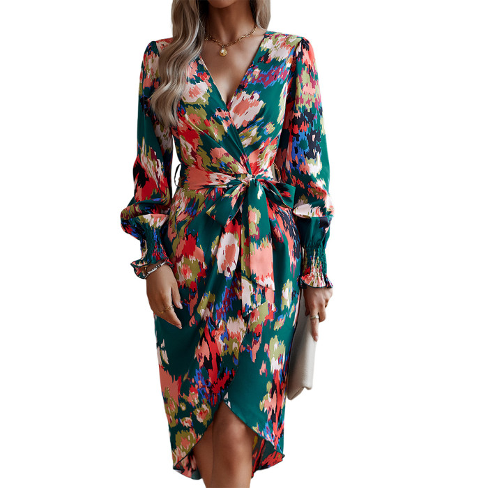 Women's Fashion Printed Elegant V-Neck Casual Dress