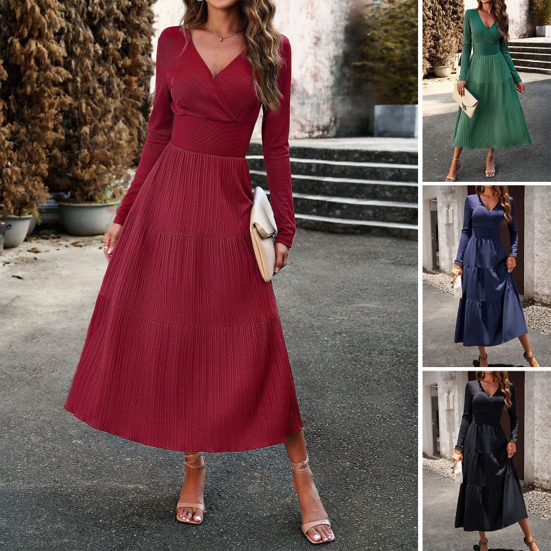 Women's Fashion Solid Color Autumn Elegant V-neck Long Sleeve Maxi Dress