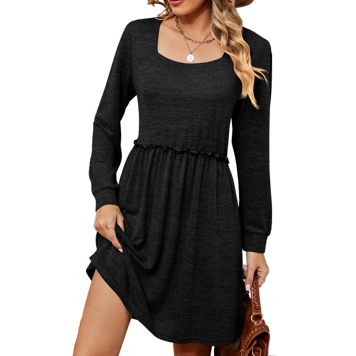Women's Fashion Solid Color Square Neck Long Sleeve Loose Casual Dress