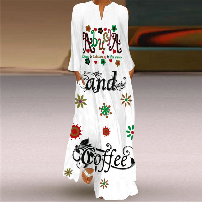 Women's Bohemian Printed Pure White Graffiti V-Neck Long Sleeve Dress