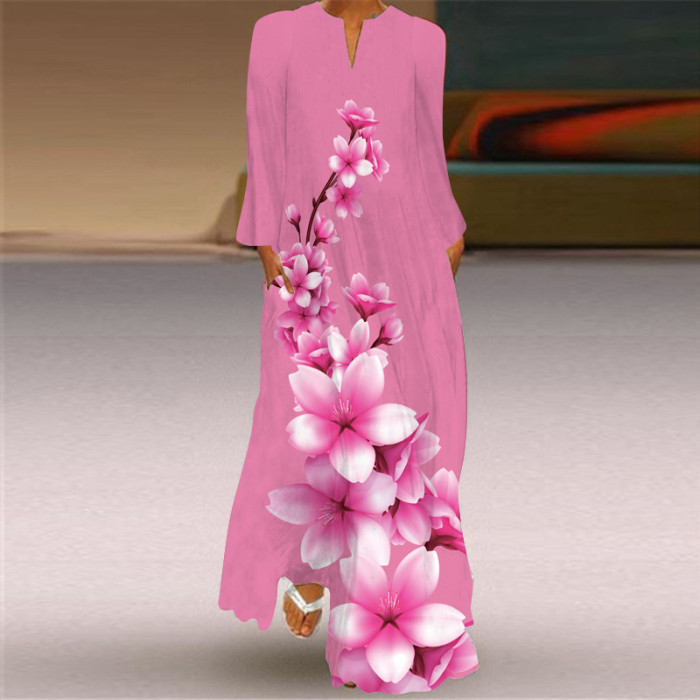 Fashionable Women's 3D Printed V-Neck Long Sleeve Pocket Maxi Dress