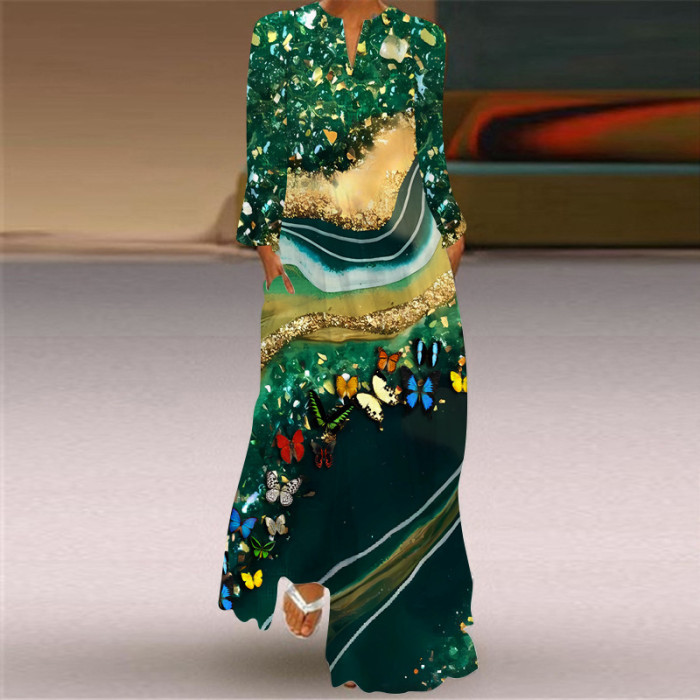 Fashion 3D Printed Plum Blossom Pattern V-Neck Long Sleeve Maxi Dress