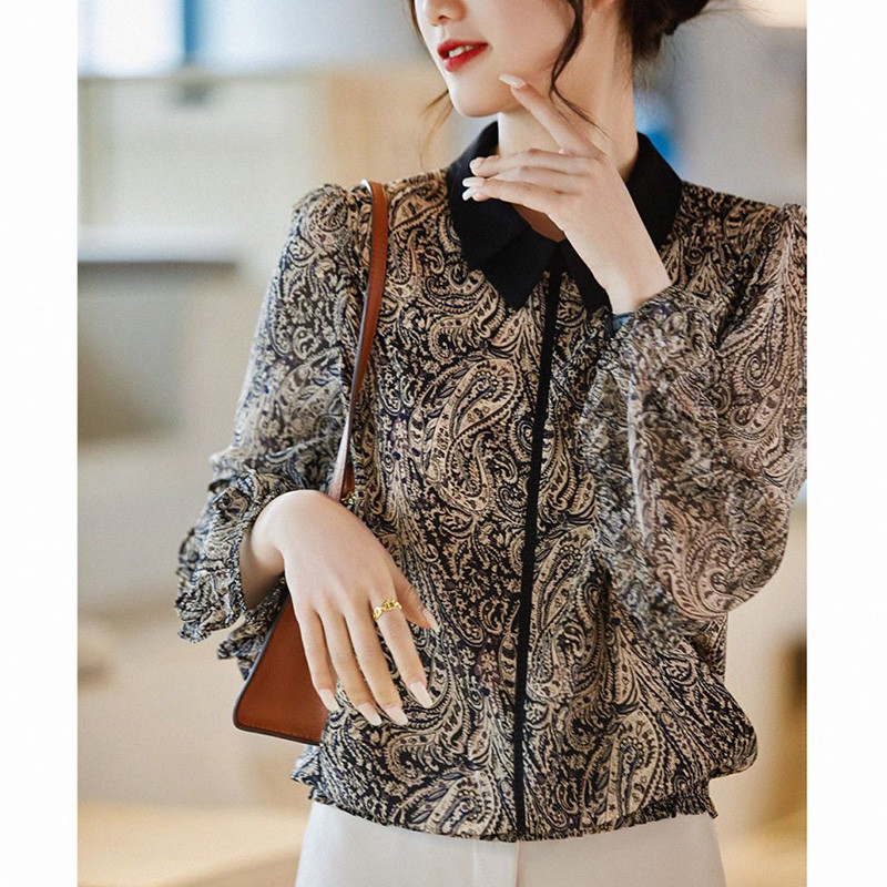 Elegant Printed Pleated Ruffle Casual Pullover Office Shirt for Women