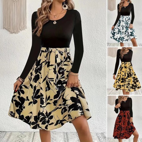 Women's Fashion Casual Round Neck Lace Up Long Sleeve Printed Dress
