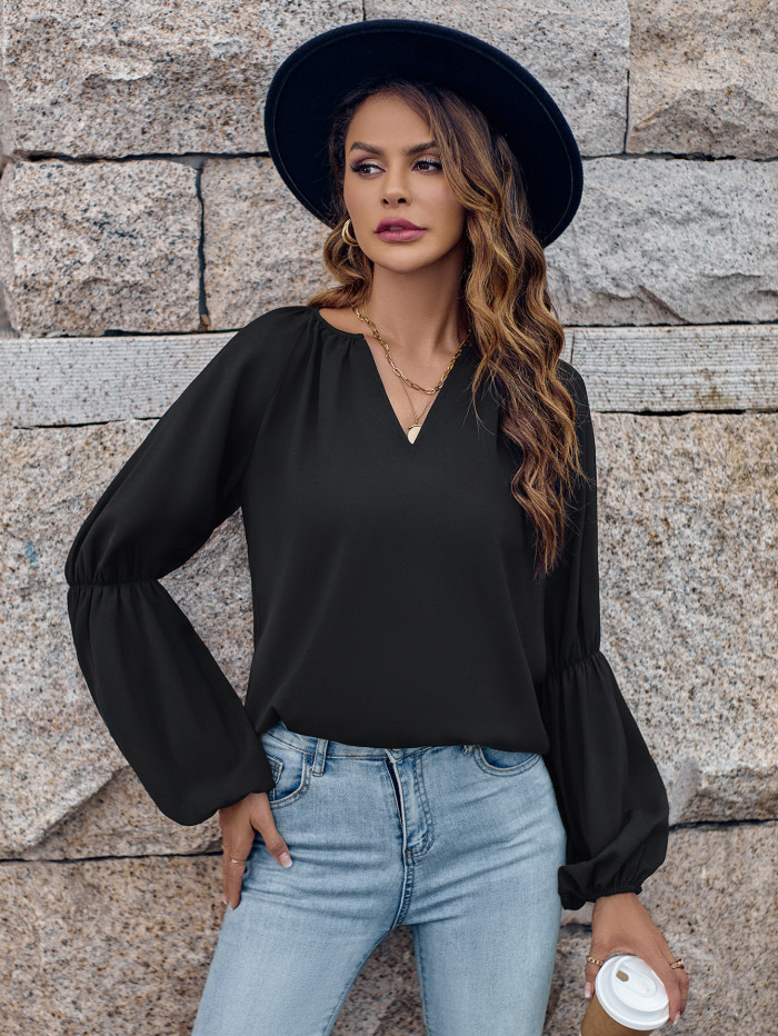 Women's Fashion Solid Color V-Neck Loose Casual Top Blouses & Shirts