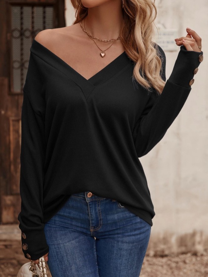 Women's Fashion Solid Color Casual V-neck Loose T-shirt