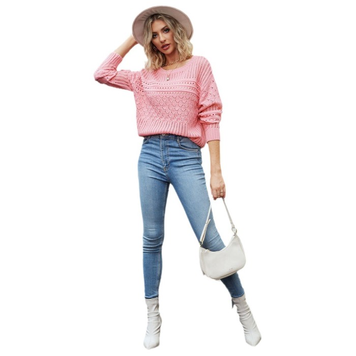 Women's Round Neck Hollow Diamond Knitted Sexy Pullover Sweater