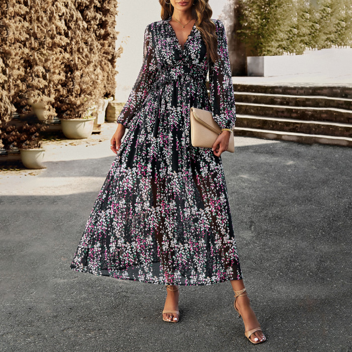 Women's Fashion Long Sleeve Elegant Printed Party V-Neck Maxi Dress