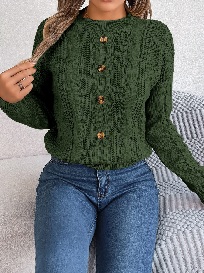 Women's Casual Solid Color Button Twist Long Sleeve Pullover Sweater