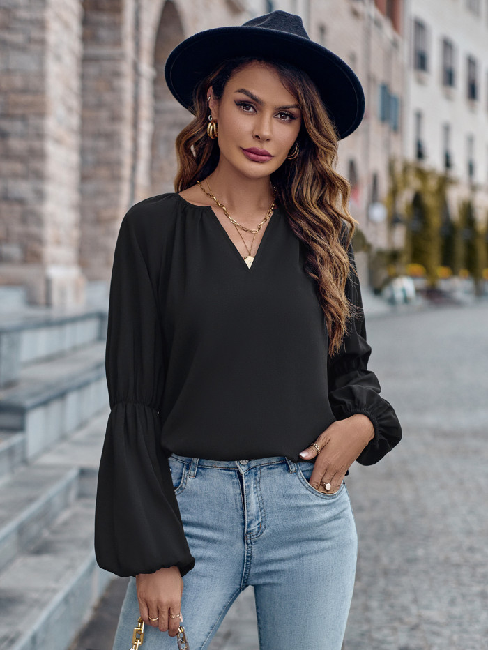 Women's Fashion Solid Color V-Neck Loose Casual Top Blouses & Shirts