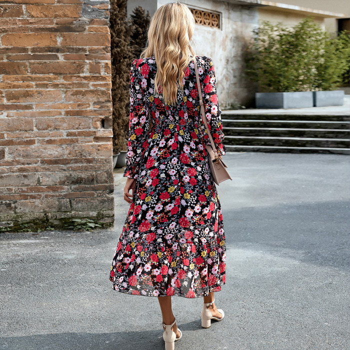 Floral Print Retro Elegant Casual V-Neck High Waist A-Line Midi  Vacation Dress