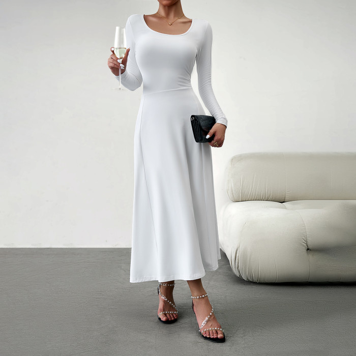 Fashion Long Sleeve Elegant Solid Color Retro High Waist U Neck A Line  Maxi Dress