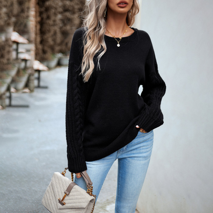 Retro Solid Color Long Sleeve Round Neck Casual Thickened Knitted Sweater