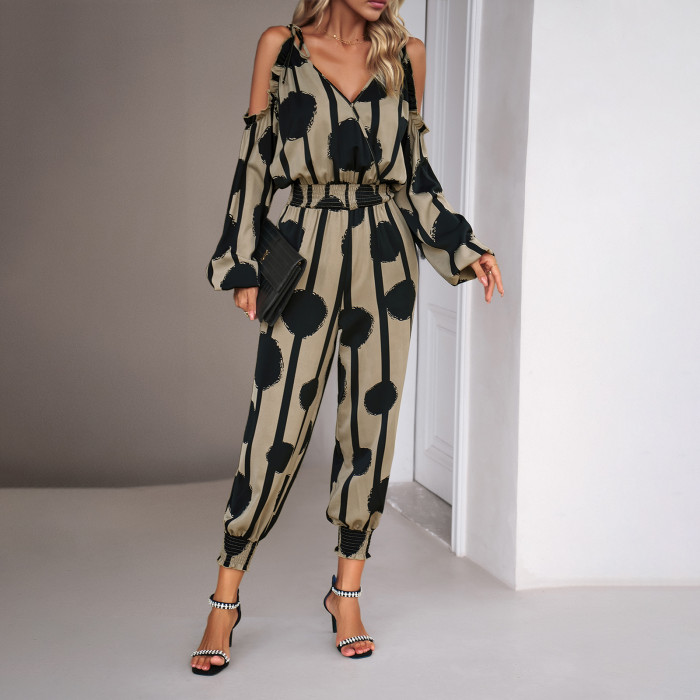 Fashionable Off-Shoulder Puff Sleeve Printed Casual Loose Wide Leg Jumpsuit