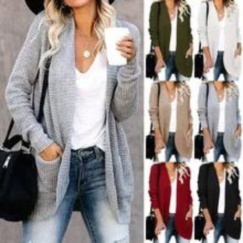 Women's Pocket V-Neck Knitted Solid Color Warm Long Sleeve Sweater Cardigan