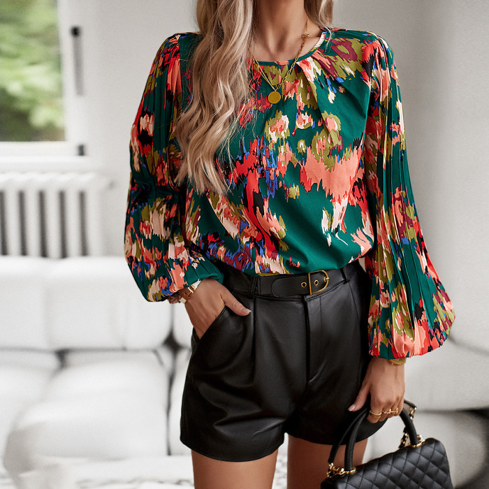 Women's Casual Printed Loose Fashionable Round Neck  Blouses & Shirts
