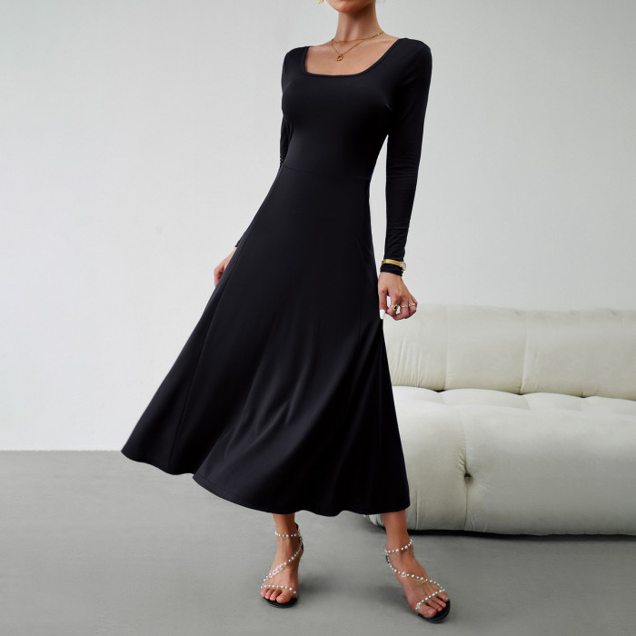 Fashion Long Sleeve Elegant Solid Color Retro High Waist U Neck A Line  Maxi Dress