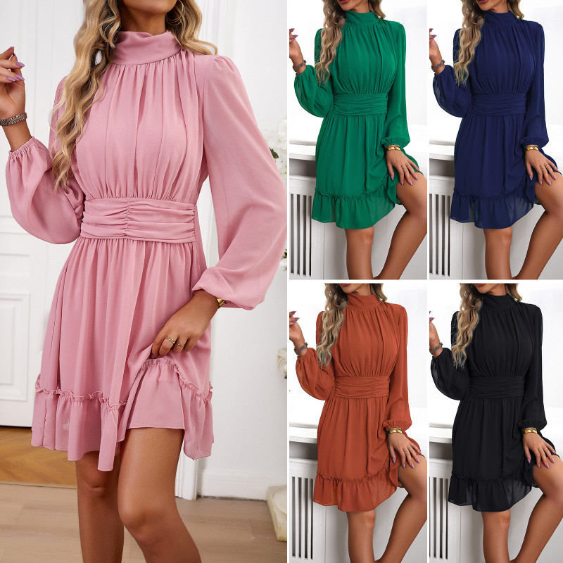 Fashionable High Neck Wedding Party Long Sleeve Solid Color Patchwork Mini Dress