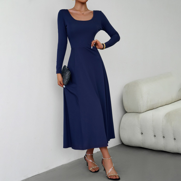 Fashion Long Sleeve Elegant Solid Color Retro High Waist U Neck A Line  Maxi Dress