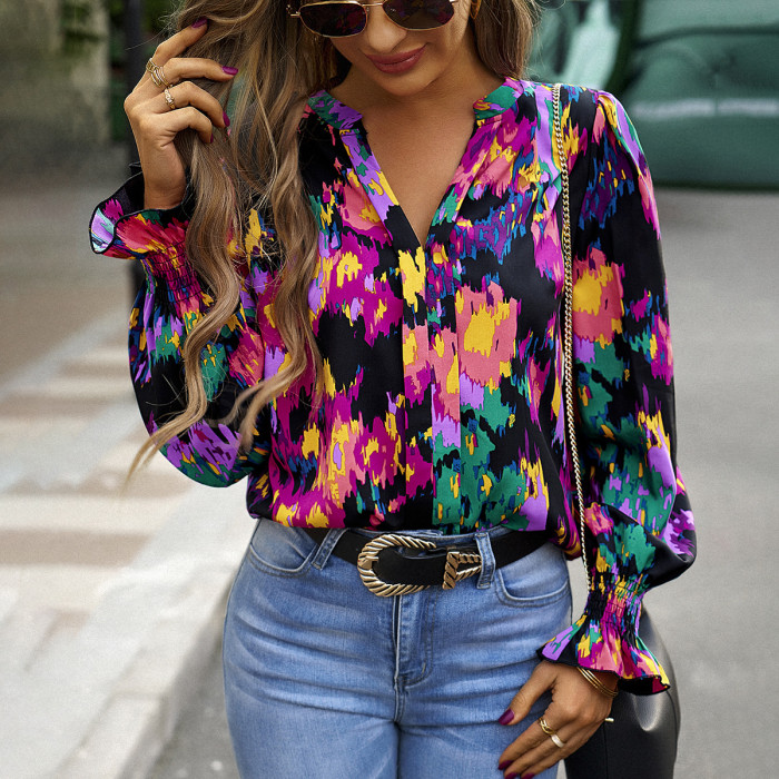 Women's Printed Casual Elegant V-Neck Long Sleeve Top Blouses & Shirts